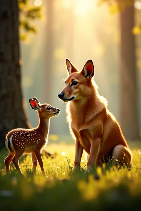 A ultra HD dynamic image of "The small brown deer and the golden-furred dog stand close together in the forest. The deer looks a...
