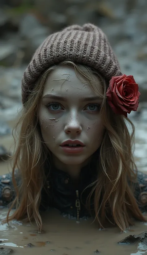 The extremely detailed head of a pale woman in a mud pit in a washed dark lightweight jacket,victim , cloudy slurry,     fashion...