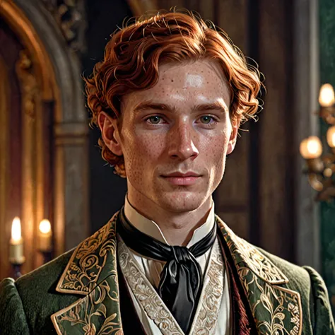 detailed portrait of a fae man with soft friendly facial features, freckles, shy expression, sort auburn hair, elegant posture, ...