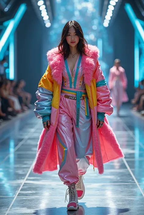 Madrid 2030 fashion week in Spain, Under a background of a futuristic fashion runway with lighting in keeping with the event, an...