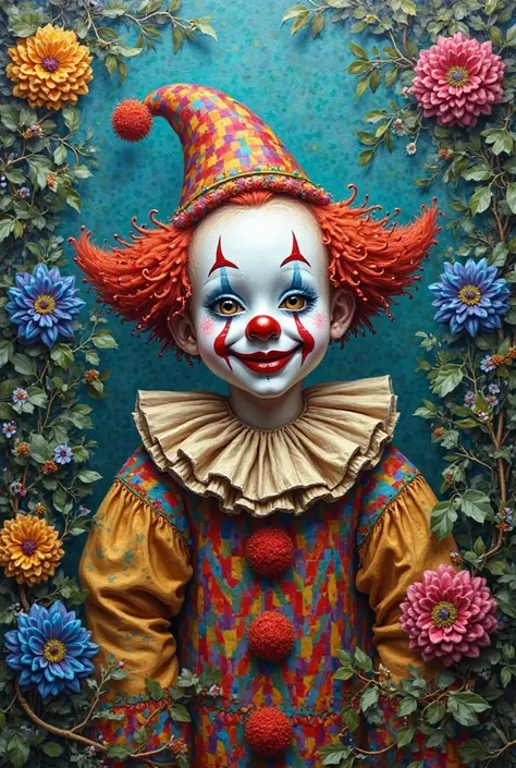 Oil paint art clown with flowers green blue colors