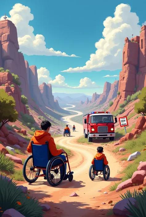 Landscape alluding to rallye and wheelchairs and fire truck 