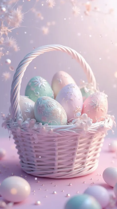 Create an elegant, high-resolution digital illustration for an Easter-themed wallpaper featuring a white wicker basket filled wi...
