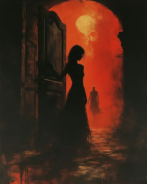 Retro-Bollywood painted horror poster of Suspiria, A young dancer unraveling her sinister secrets, hesitantly opening a grand wo...