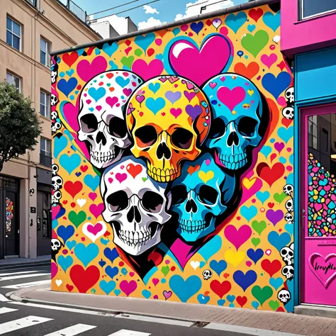  hyperrealism, Simple Line Acronym，Abstract art，HYSTERIC GLAMOUR Style , street design , colorful pattern interspersed with skul...