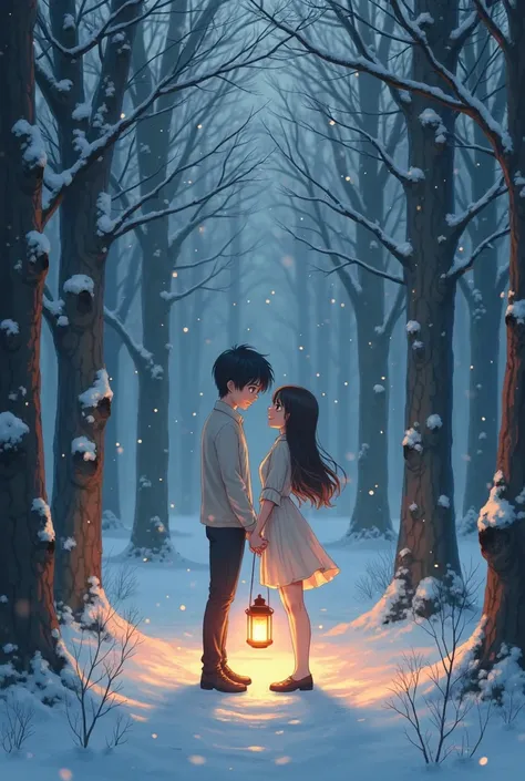 winter under the lantern two people guy and girl anime evening in the woods