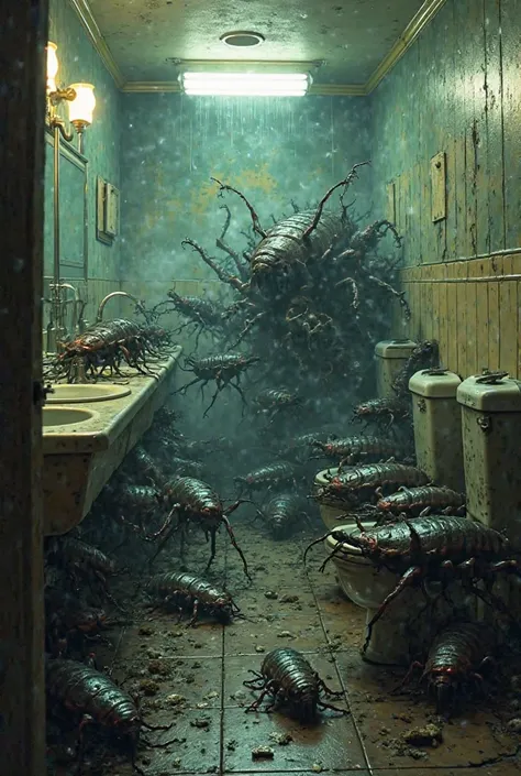 McDonald's bathroom, giant cockroaches coming out of the toilets and sinks,  broken mirrors , Flashing light, scary environment,...
