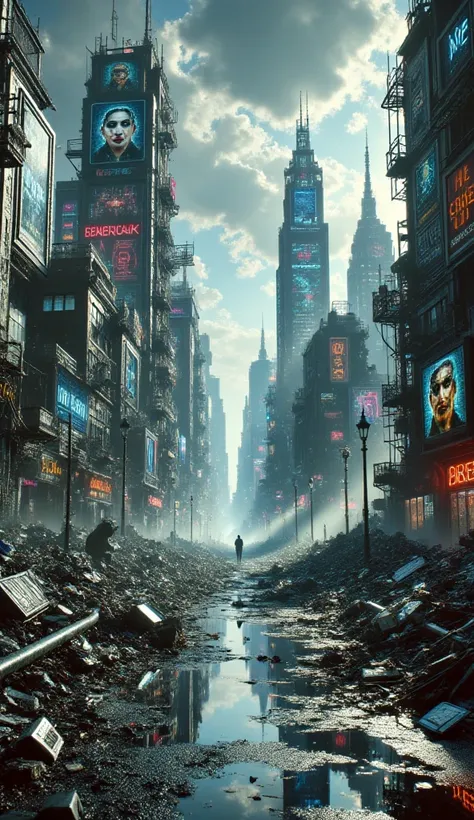 Chaotic city of the cyberpunk future, ruined and devastated city, dystopian, A very complex group of American cyberpunk building...