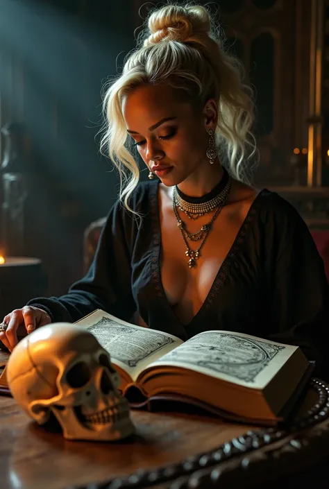 Rihanna, blonde with her hair tied up, reading a witchcraft book with a skull on a table