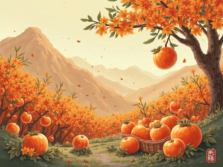 In this illustration, the，.，vividly shows a beautiful scene of a good harvest of sweet persimmons in Luotian。using smooth and ex...