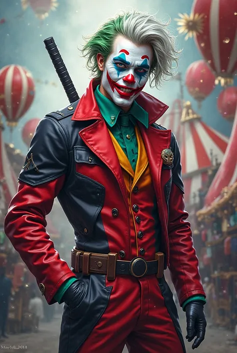 Circus cover , featuring a character wearing clothes Deadpool jumpsuit Joker jacket face with clown makeup white hair,  "Maveric...