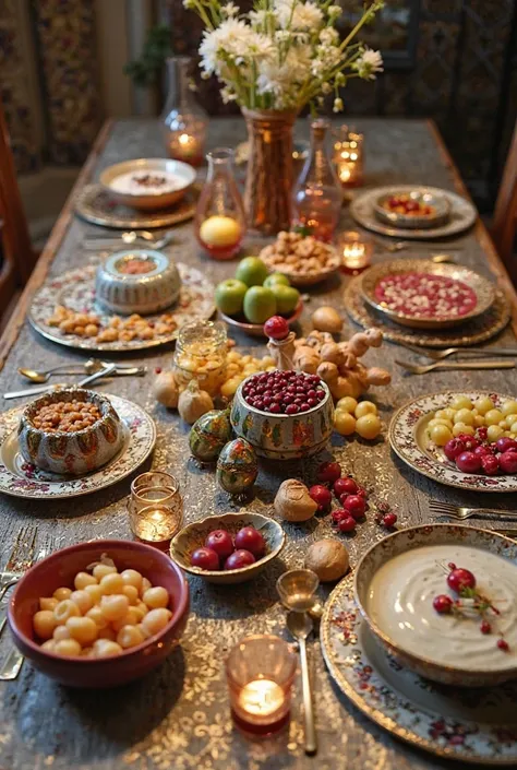 Show the Haft-sin table.
The Haft-Sin table, a cornerstone of the Nowruz celebration, features seven symbolic items starting wit...