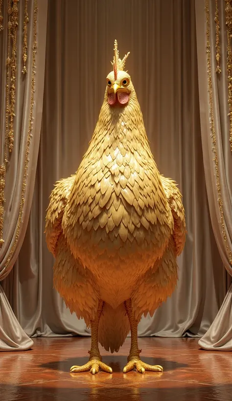 on an opulent stage, gaint golden hen standing on the stage  and  background silver curtains and both see towards the camera pin...