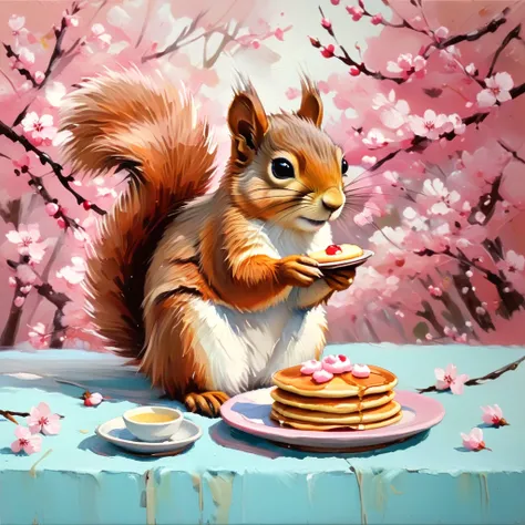 Japanese Squirrel, animal, solo, The squirrel is eating pancakes, Blooming cherry blossom forest, pink colored tones, (an oil pa...