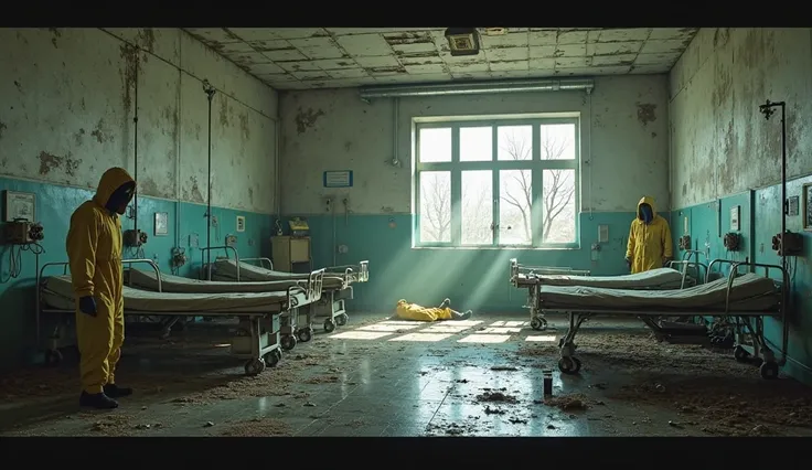Inside an abandoned hospital in Pripyat, Ukraine, with rusted medical equipment, overturned hospital beds, and old radiation sui...