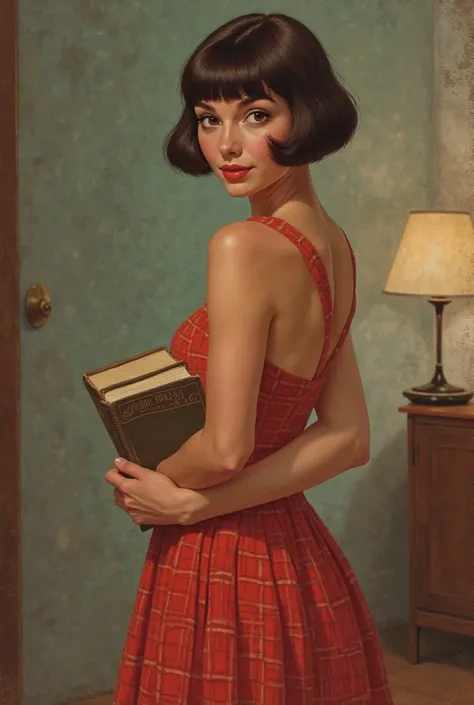 A flirtatious 1960s , with short dark brownhair cut into a bob with bangs, carrying some school books. Wearing a red plaid dress...