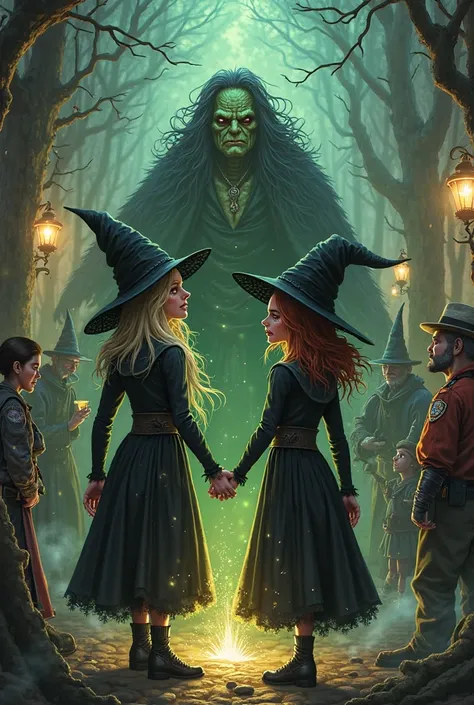 A magical yet eerie scene unfolds as twin witches, Grogda and Willow, stand together in their black dresses, casting a playful s...