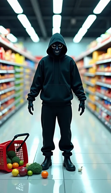 Highly detailed 3D-style scene:

A mysterious figure stands in the middle of a brightly lit supermarket aisle. The person is dre...
