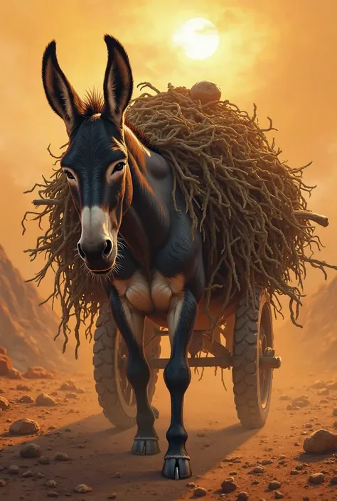 The donkey looks exhausted, carrying an overloaded cart in the hot sun. Sweat is visible on its body, and its eyes show tirednes...