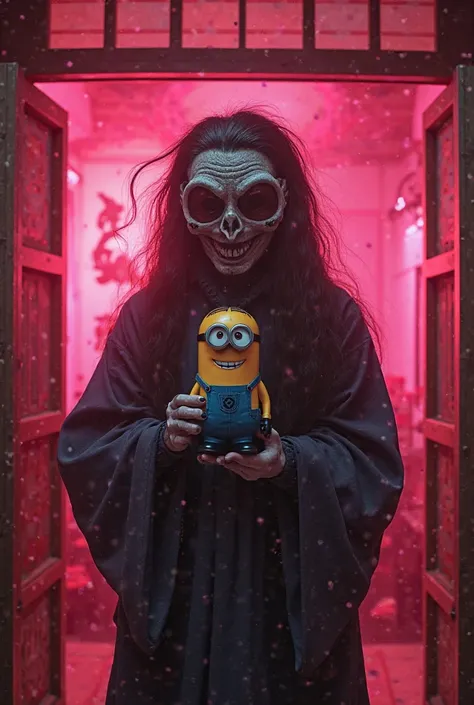 A Yokai in a Japanese school with pink and red light specially holding a Minion thermos 
