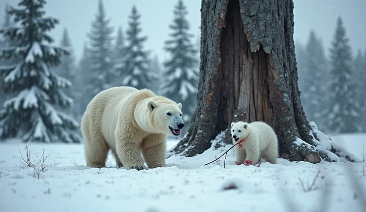 The image appears to be taken through a camera lens, showing a snowy forest landscape. In the foreground, there are two polar be...