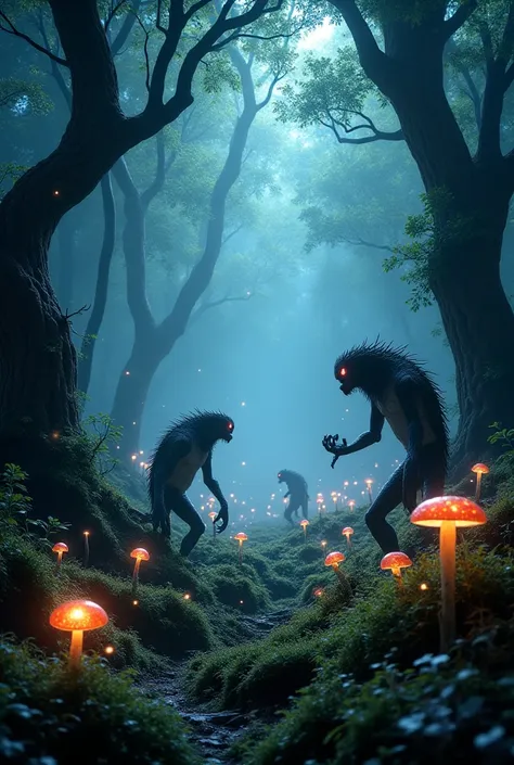 A forest with monsters and magic fireflies that are enchanted at night, wherever you see a lot of imagination, fear and beauty 