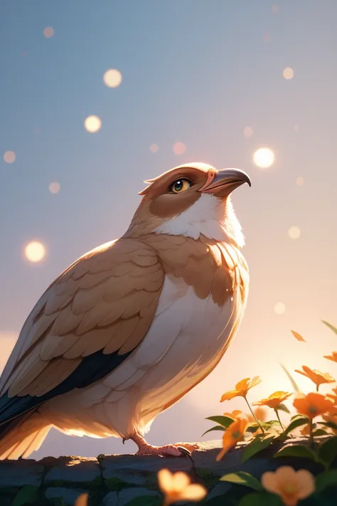 A fascinating close-up of a beautiful little bird, illuminated by the soft golden light of a peaceful morning, with bright bokeh...