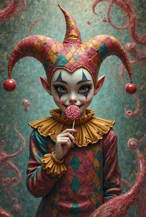 Generate an image of the Harlequin licking a lollipop 