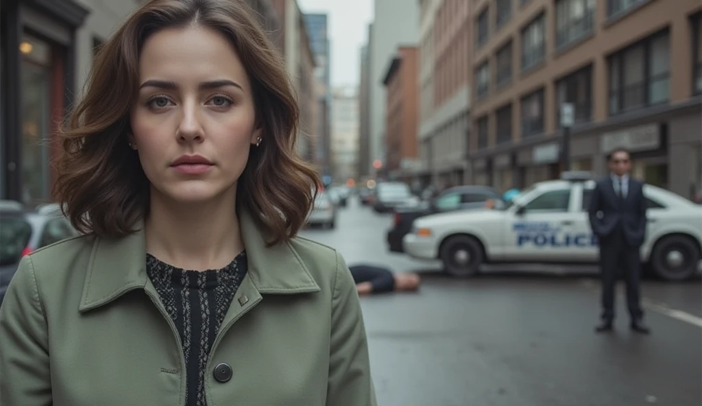  urban street, featuring a woman in the foreground with medium-length wavy brown hair and fair skin, wearing a light green coat....