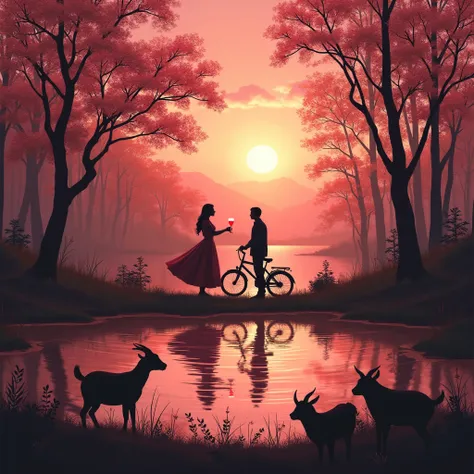 a mysterious and charming woman in the forest, offering a glass of rosé wine to a young man under a beautiful, sunny spring sky....