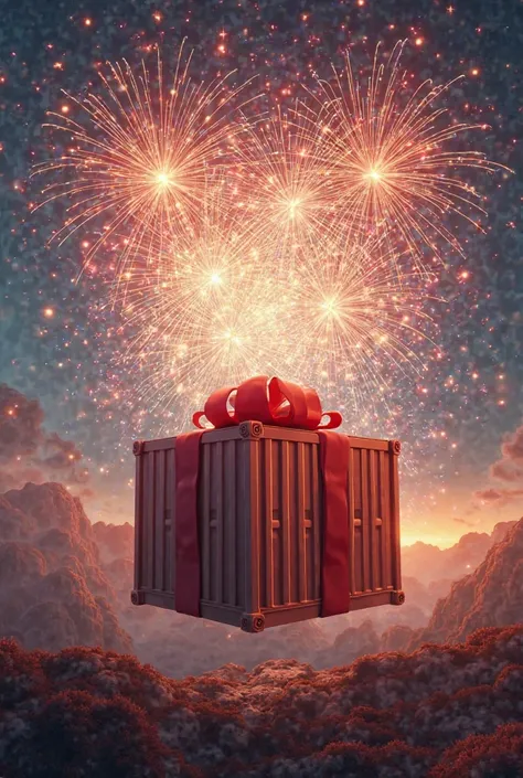 Container shipping raped as a gift and a lot of fire works around it 