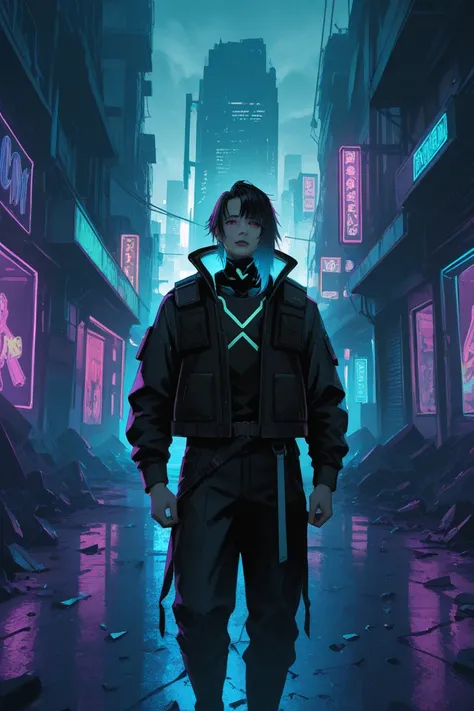 a high quality cyberpunk apocalyptic street,A cold boy,black half length hair,Wear a black vest,stands in a desolate environment...