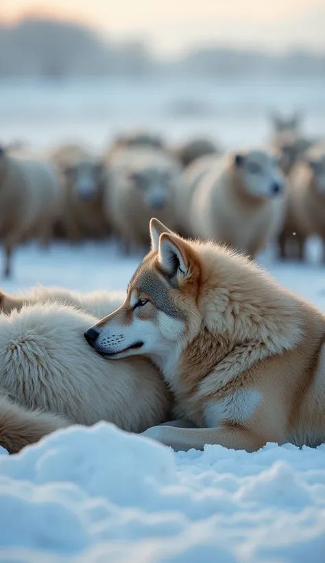 "Perfectly realistic photo of a wolf pack sleeping peacefully with a flock of sheep in a snowy field, shepherd watching nearby, ...