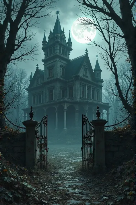 
"A large, eerie, abandoned mansion in the middle of a dark forest. The mansion looks old and decayed, with broken windows, vine...