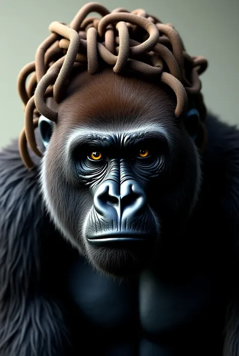 The face of a gorilla with dreadlocks on its head