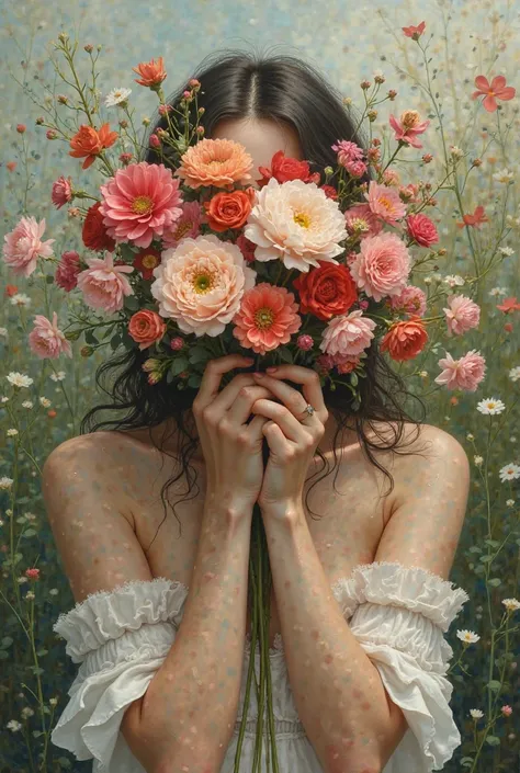Give me picture ideas for one girl hide face with many flowers in her hand 