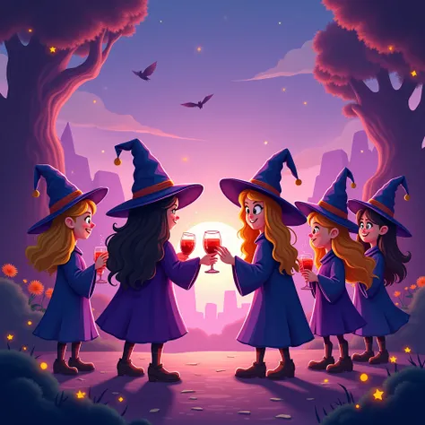 1 group of cartoon witches are having a party, purple scenery