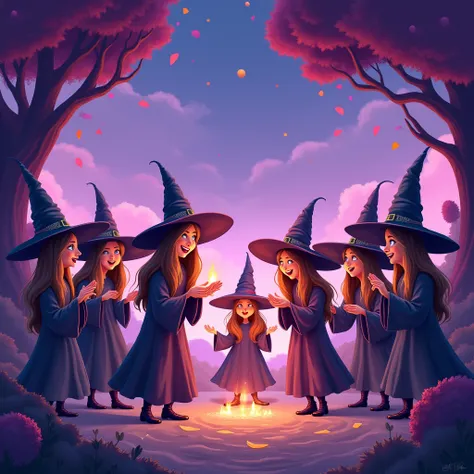 1 group of cartoon witches are having a party, purple scenery