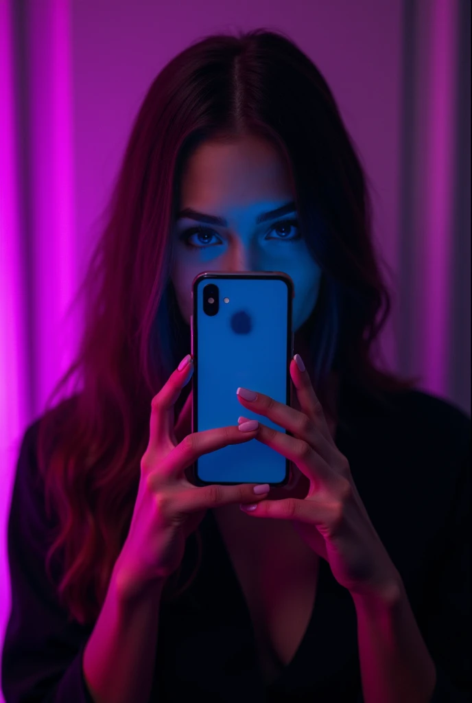 Photo in front of a long-haired woman holding a cell phone in front of her face, hiding it ,  in a room with purple light.  phot...