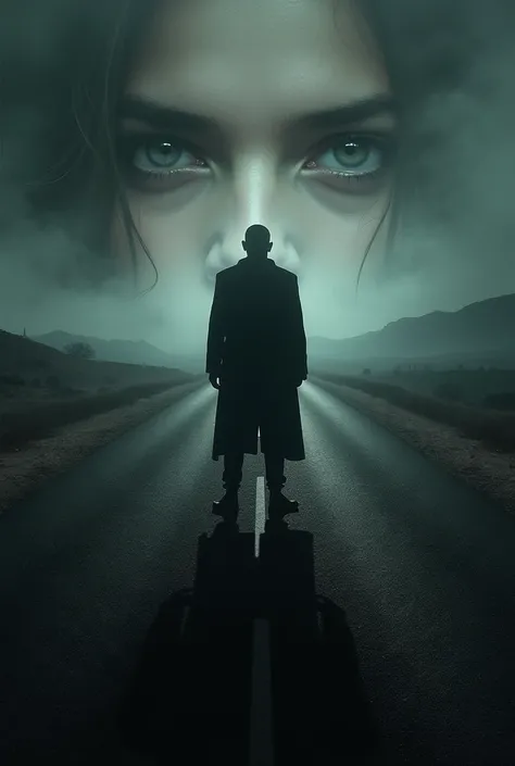 The shadow of a man standing in the middle of the road with only the eyes of a woman in the background 
