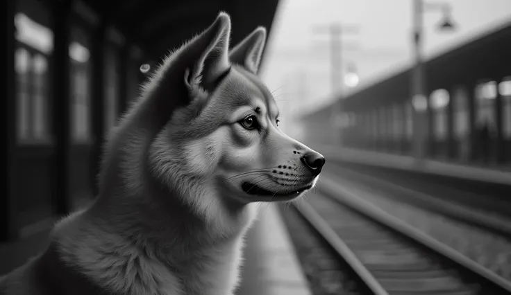 *"An Akita Inu dog with golden fur, represented in a black and white style, located on the left side of the image.  Her expressi...