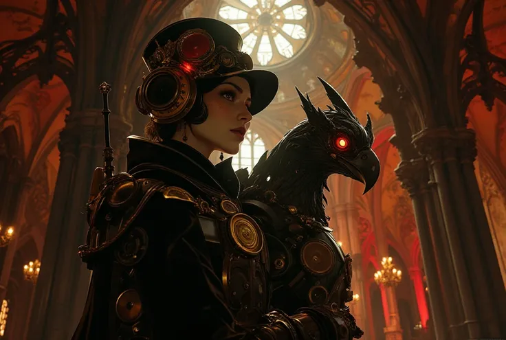 Une reine steampunk sombre et ailée trône, toile de fond de cathédrale gothique, palette rouge et noire, éclairage dramatique, a...