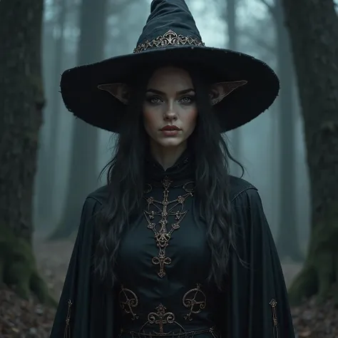 Female witch a dark robe and point hat.  with fox ears