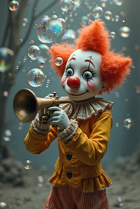 Animate the clown puppet with the bright, with a screaming, contrasting with his sad, melancholic eyes. The clown plays the old ...