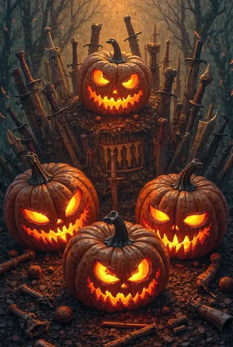 Create me a diabolical banner with pumpkins and weapons and things like that to use as a recruitment banner 
