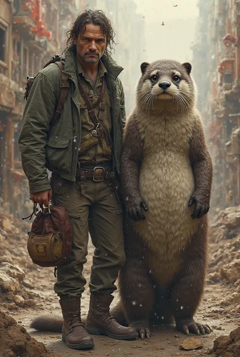 Survivor of a post-apocalyptic world accompanied by a beautiful anthropomorphic furry otter with large breasts