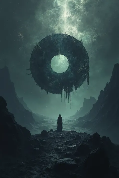 Create a logo with a round shape over the abyss of a galaxy or world with a very realistic Gothic and terrifying theme 