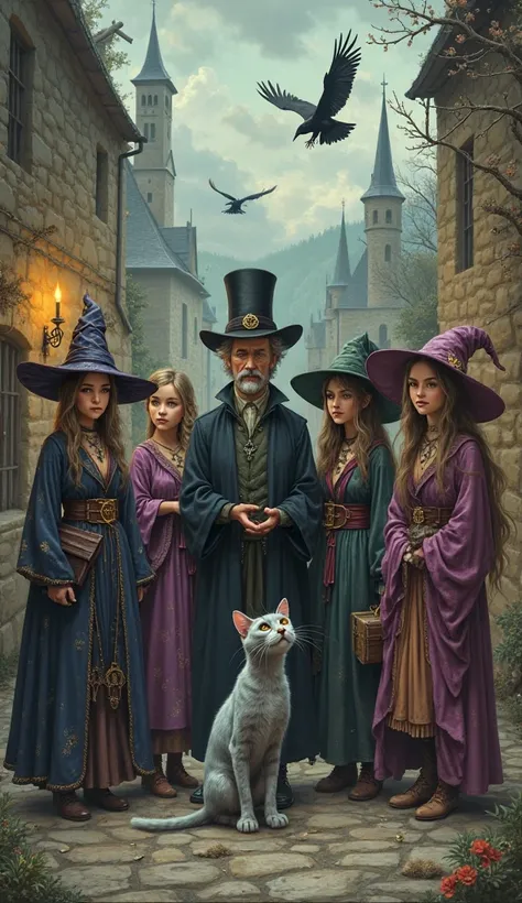 Witches, professor, grey cat with a tophat, medieval city, book illustration in the style of Paul by.
