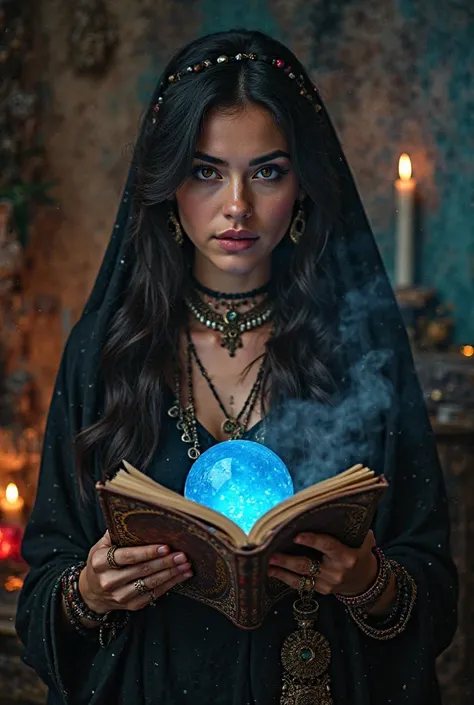 "A mysterious 24-year-old fortune teller is in a dimly lit room filled with mystical artifacts. She holds an ancient and shiny m...