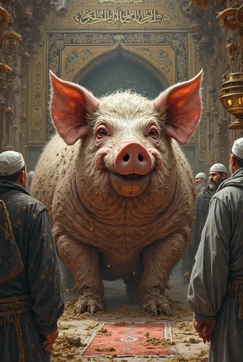 Make a dirty big pig in an Islamic house with Islamic characters 